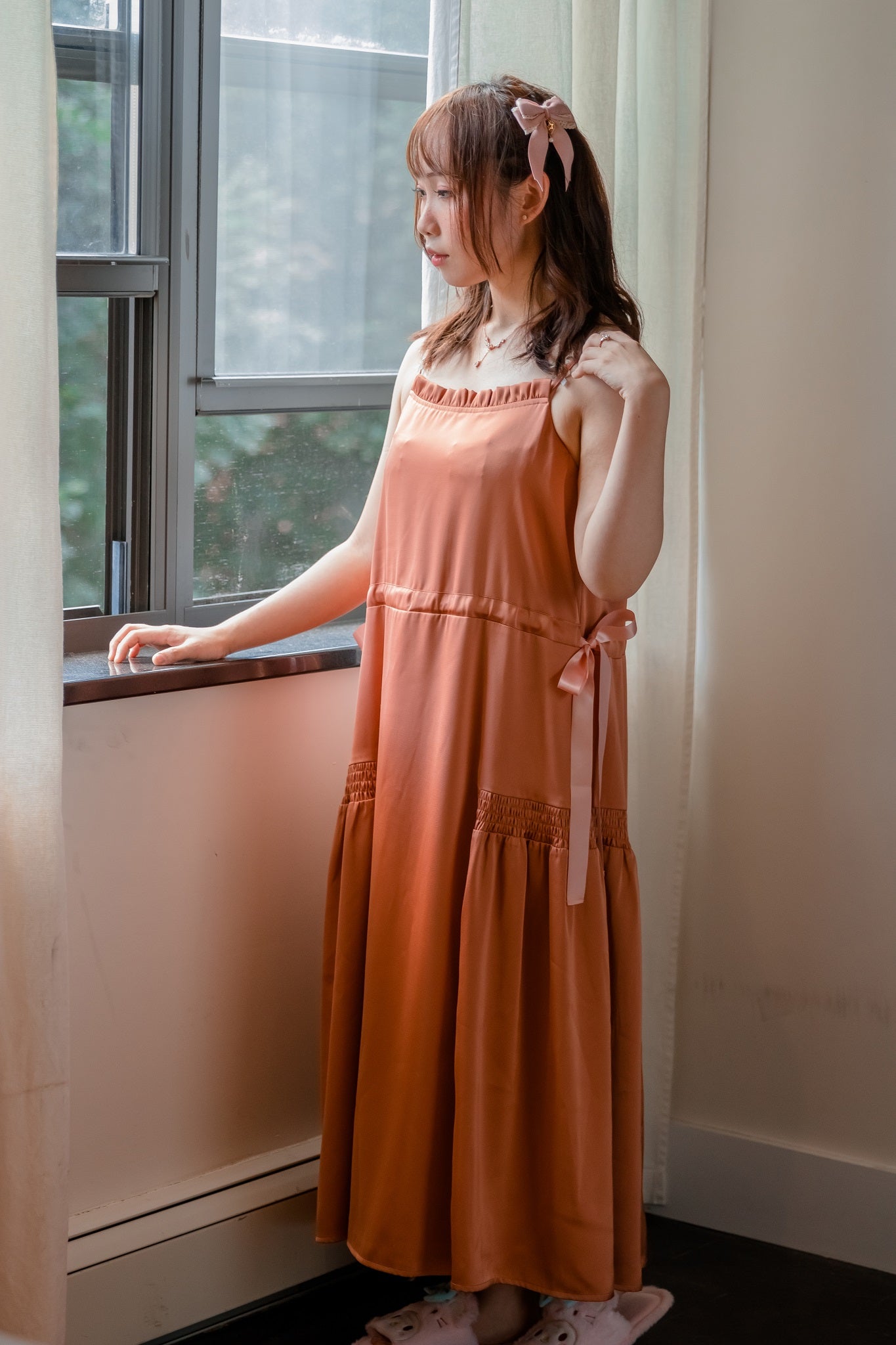 Satin A Line Dress with Functional Ribbons